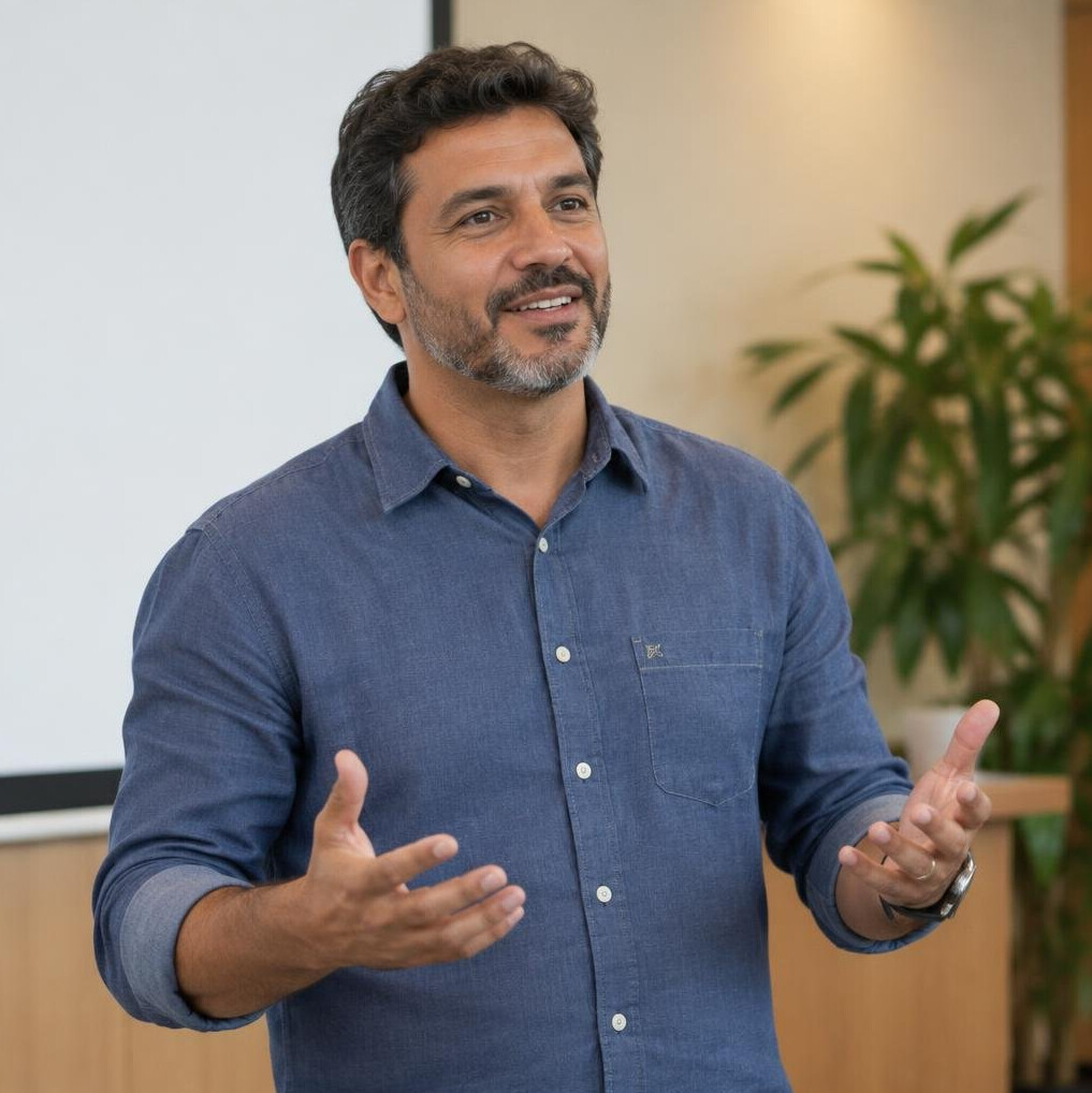 Man speaking confidently while explaining something