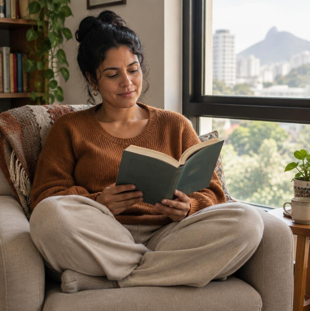 Woman sitting calmly by a window reading a book